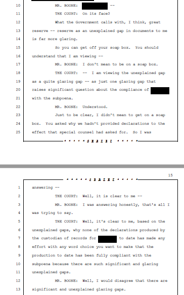 Quite the moment recorded in transcripts of a sealed hearing: Howell repeating, again and again, that she believed the Egyptian bank (repped by Brian Boone of Alston) had left “glaring unexplained gaps” in what they turned over to prosecutors.