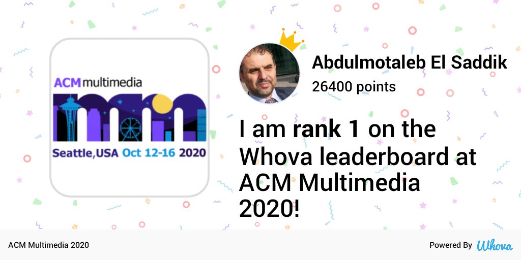 aelsaddik's tweet photo. DAY 3 and I made it to  #1 most active member  of the @sigmm community  at #ACMMM20 via Whova event app https://t.co/XPRpACIe6y
#multimedia 
#conferences #digitaltransformation https://t.co/8XbbC5Nhvr
