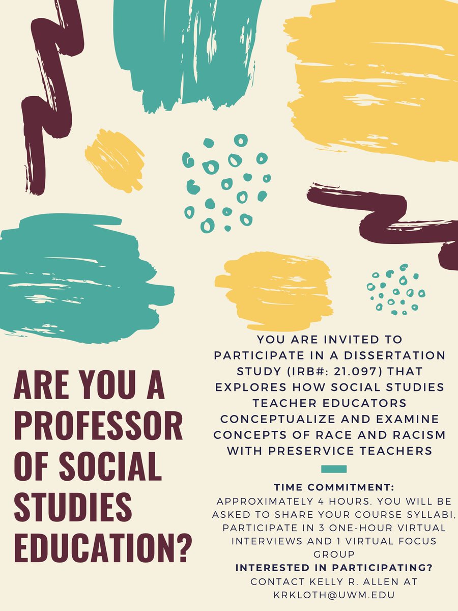 kellyreneeallen's tweet photo. I am looking for social studies education professors of all levels (adjunct, associate, assistant, ect.) to participate in my dissertation research that seeks to understand how teacher educators discuss race/ism with preservice teachers. @CUFASoCForum @CUFANCSS @AERASocialStud1 https://t.co/g6jvzhNvnD