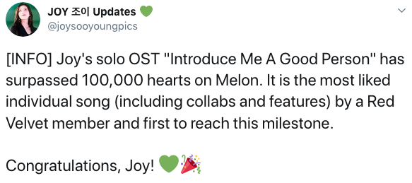 Joy's solo OST "Introduce Me A Good Person":- Surpassed 28 Million Streams and over 1.5 Million Unique Listeners on Genie.- Surpassed 100,000 likes on Melon.- #3 on Hanteo Monthly Digital Chart (277,081.000).- Top 10 on Gaon's Digital Chart for 7 weeks. #조이  #레드벨벳  #JOY