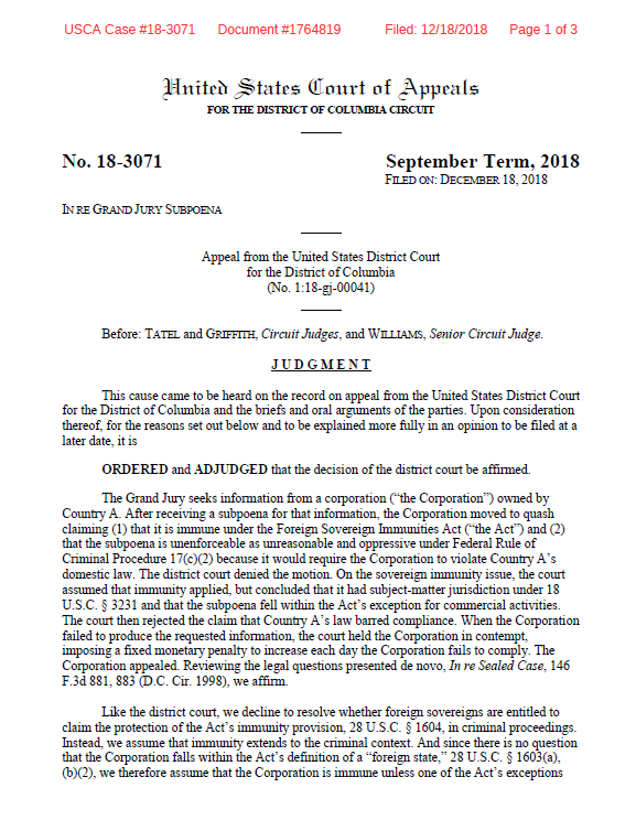 One more note on the mystery grand jury subpoena case court record: As this moved from trial court to appeals, the company (bank) became more interchangeable in court docs with its owner, "Country A," which we've now reported is Egypt.