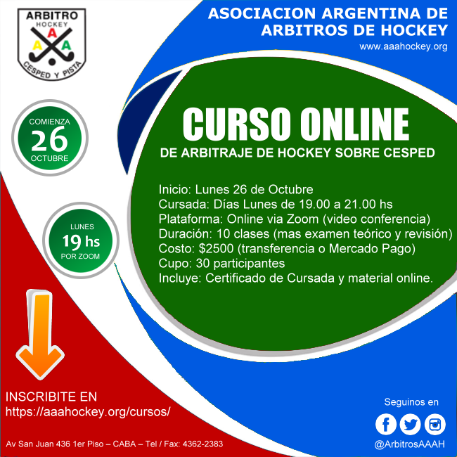 Debido a la gran demanda que tuvimos, se llenó el cupo y estamos abriendo un nuevo curso online que comienza el lunes 26 de octubre.
Inscripción en aaahockey.org/cursos/#formul…