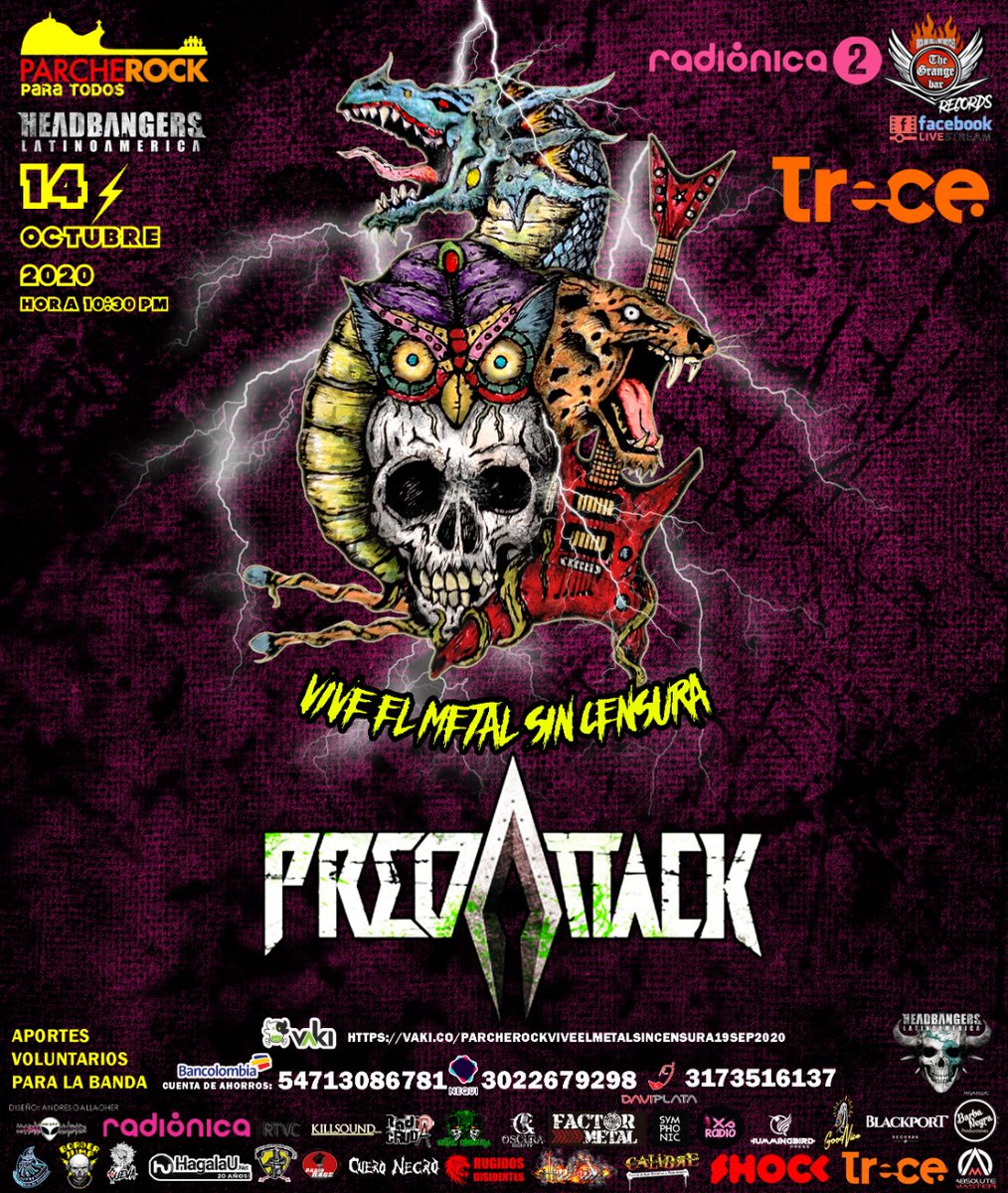 En pocos minutos en el face del Canal Trece, a las 10:30 PM, parche de metal del miércoles en la noche con el Parche Rock, The Grange Records y Canal trece. <a href="/ParcheRock/">ParcheRock</a> <a href="/thegrangebarbog/">TheGrangeRecords</a> <a href="/CanalTreceCO/">Canal Trece</a>