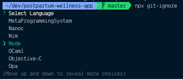 A screen shot of the git-ignore cli allowing you to choose a language/framework to generate a git ignore file