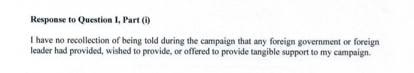 Something to highlight from the Mueller Report: Remember how Mueller sent questions to Trump; Trump responded in writing?There's a question about foreign support ~not~ from Russia, tucked at end of the set of questions about Trump Tower. Q on left, Trump answer on right