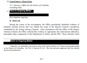 Walton pressing DOJ to explain redactions to the Mueller Report delivered a final revelation the night of RBG's death. What was redacted transferred investigation No.11 in Mueller Report Appendix D? “Foreign campaign contribution,” DOJ said, showing it was no longer ongoing