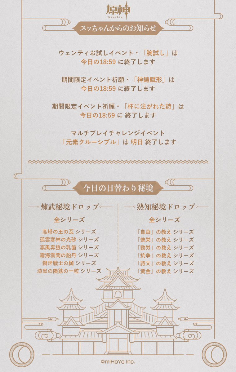 【スライム新聞】
10月18日(日)
旅人さん、秋がだんだんと深まってきましたね。
時間が経つのは本当にあっという間です。
それでは、本日のスライム新聞をご覧ください!
※スクリーンショット掲載時、ユーザー名とUIDを掲載いたしますので、予めご了承ください。

#原神 #Genshin 