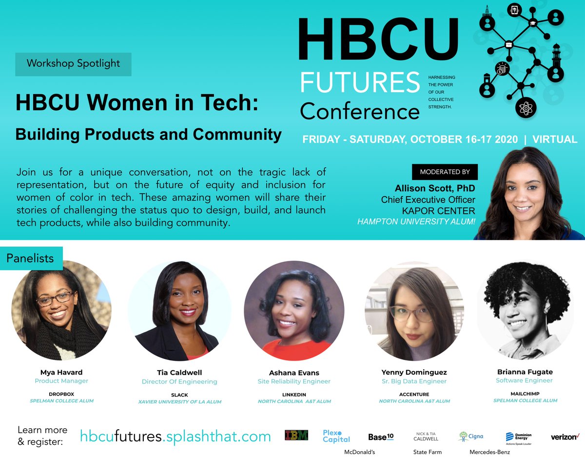 Don't miss: #HBCU #WomeninTech panel featuring <a href="/XULA1925/">Xavier Univ. of LA</a> alumna <a href="/_Tiacaldwell/">Tia Caldwell</a> (<a href="/SlackHQ/">Slack</a>), <a href="/SpelmanCollege/">Spelman College</a> alumnae Mya Havard (<a href="/Dropbox/">Dropbox</a>) &amp; @bri_fugate (<a href="/Mailchimp/">Intuit Mailchimp</a>) and <a href="/ncatsuaggies/">North Carolina A&T</a> alumnae Yenny Dominguez (<a href="/Accenture/">Accenture</a>) &amp; Ashana Evans (<a href="/LinkedIn/">LinkedIn</a>) 🔥Register: hbcufutures.splashthat.com