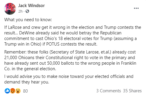  @GovMikeDeWine Won't Give  #Ohio's  #Electoral  #Votes To  #Trump If Trump Blames Voter Fraud For November Loss  There has already been 50,000 ballots that had errors How many others have errors that were not caught & won't be counted? Source ↓ https://www.wcbe.org/post/dewine-wont-give-ohios-electoral-votes-trump-if-trump-blames-voter-fraud-november-loss?fbclid=IwAR0dI01kHg_FWuXSipaVRGro1u4HNJI4AKyPn8ico6e5UzWEiY2RRCfjZYc