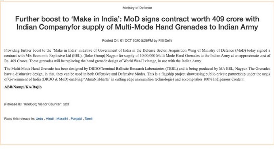 On 1st Oct, the Modi govt signed a contract worth 409 crores with Economic Explosive Ltd (EEL) to supply 10,00,000 Multi Mode Hand Grenades to the Indian Army.EEL is a subsidiary of Nagpur-based Solar Industries (an explosive maker with nothing to do with solar energy)/10