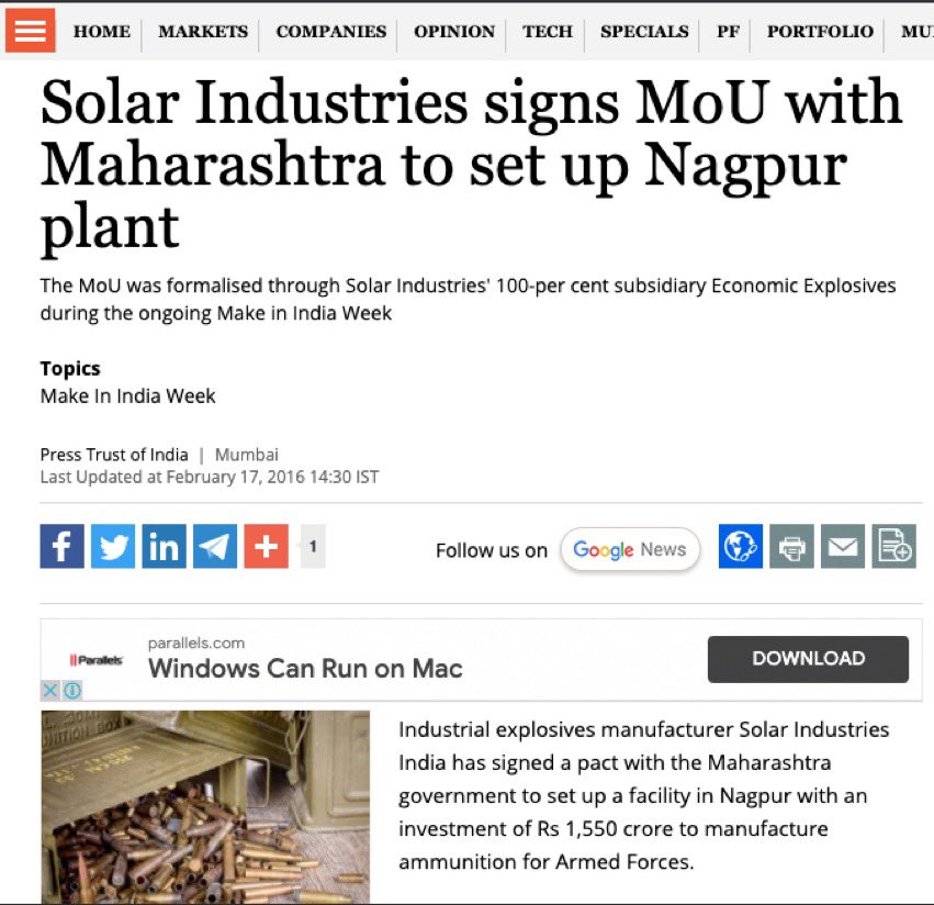 In 2016, Solar Industries signed an MoU with Devendra Fadnavis govt in Maharashtra worth a whopping 1550 crores to manufacture ammunition for the Indian Armed Forces.In summation, Solar Ind is the Modi's govt's go-to company for major defense contracts & tech transfer./14