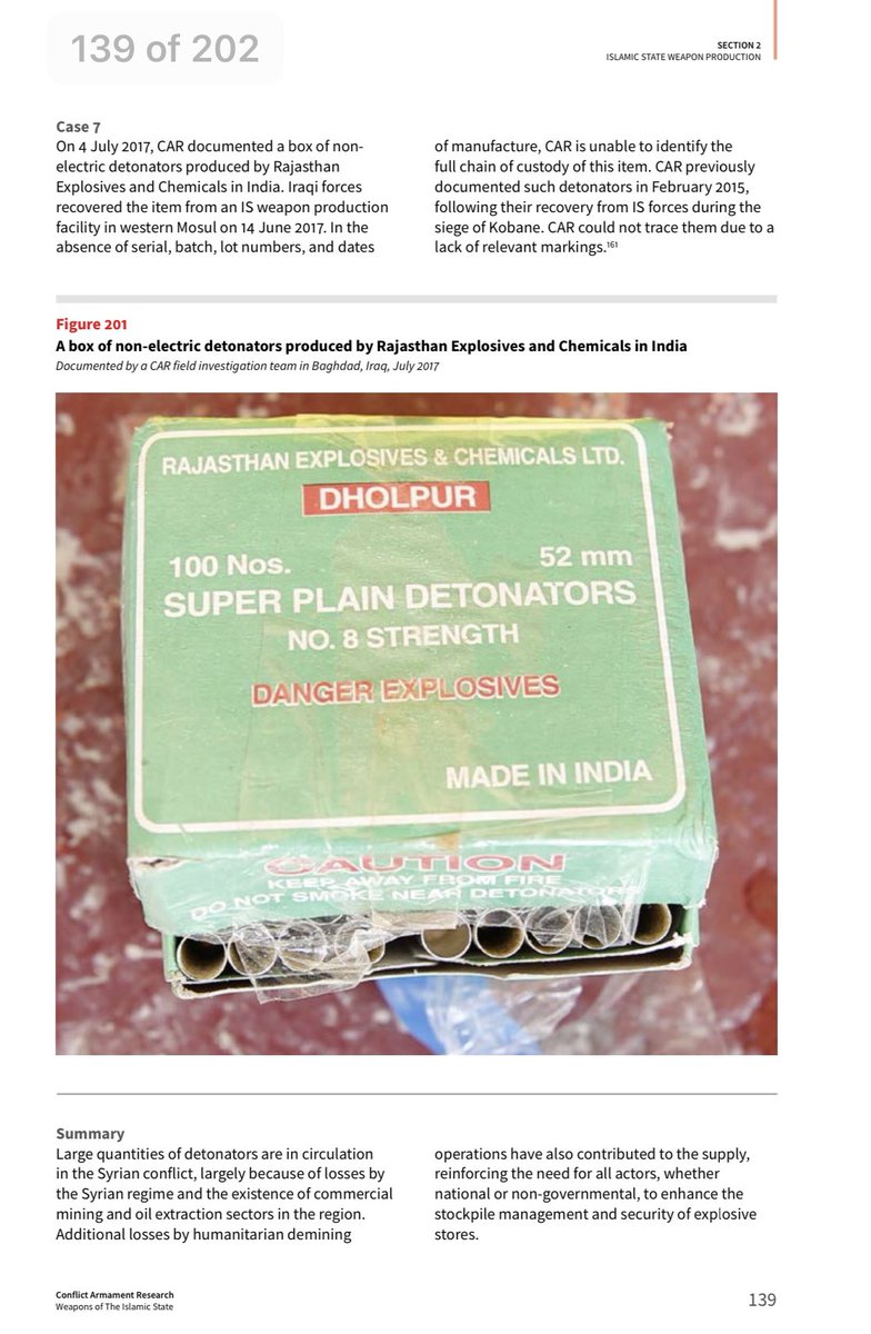 Even on the Makhmour front line in Iraq, ISIS was found to be using detonators & other equipment from Solar Industries/EEL companies of India to manufacture IEDs.The report states that it's unclear through which entity Solar Industries exported these to ISIS./19