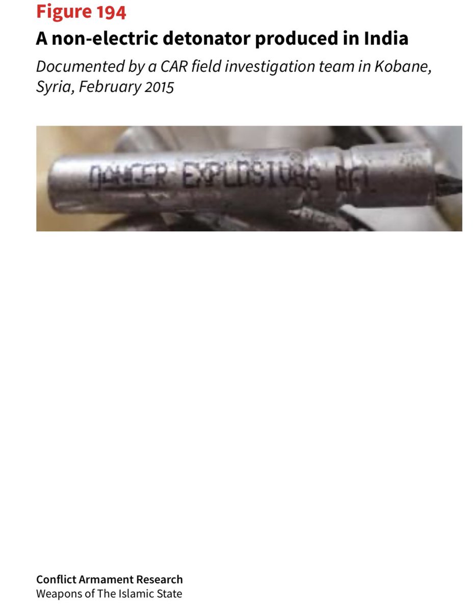 B/w Oct14 & April15, CAR teams in Iraq found El detonators by Rajasthan Expl&Chems & IDEAL Ind Expl; El & non-El detonators by Economic Expl. In Kobane, CAR observed El & non-El detonators by Rajasthan Expl&Chems; non-El detonators by Premier Expl & by IDEAL Ind Expl./21