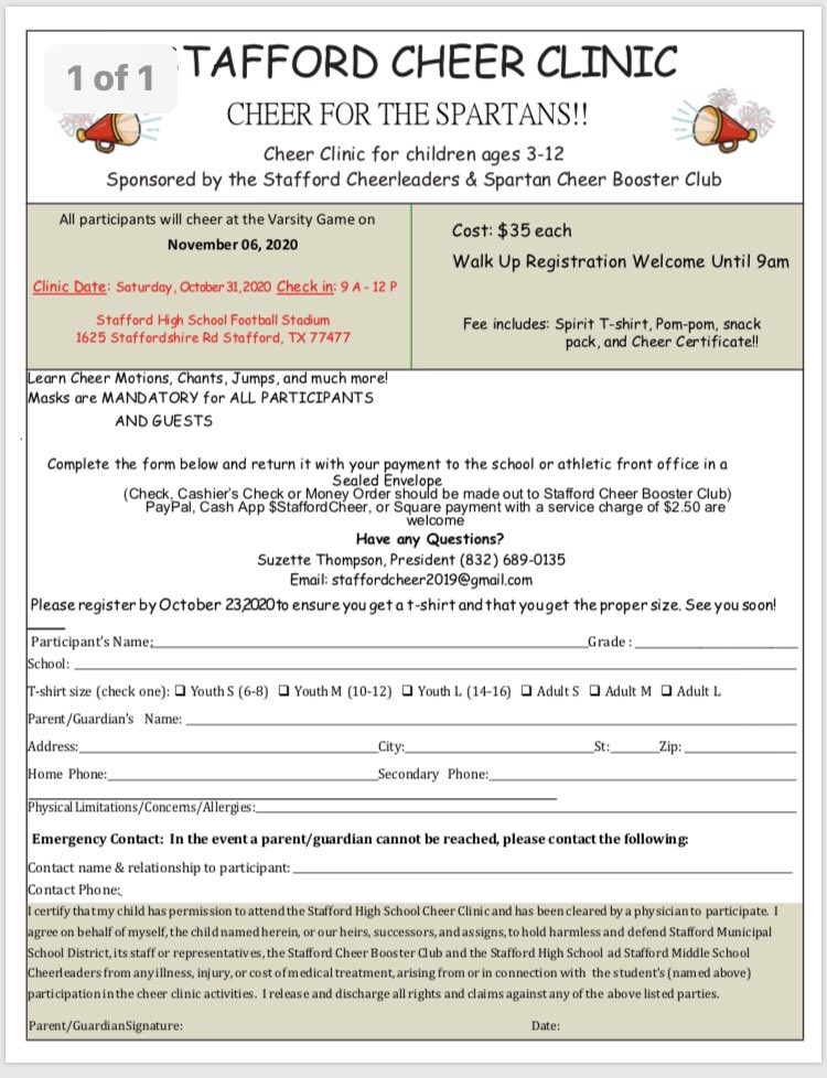 Cheer for the Spartans! Register now for our Stafford Cheer Clinic for ages 3-12 happening on Sat 10/31 @ 9a. Form can be found at resources.finalsite.net/images/v160211…