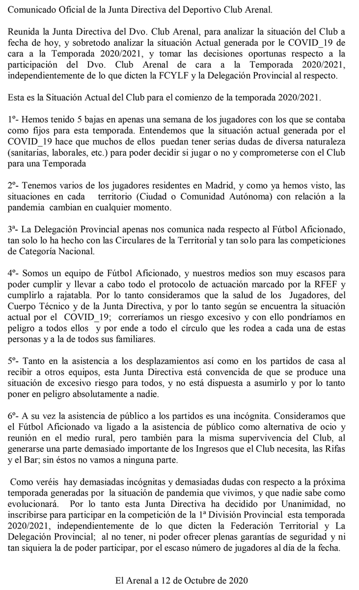 Comunicado Oficial del Deportivo Club Arenal respecto a la Temporada 2020/2021