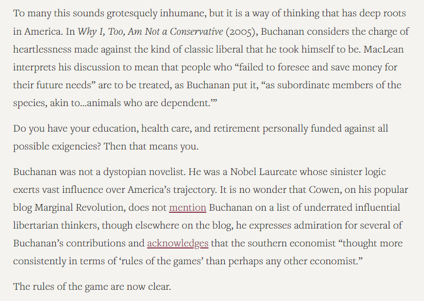 “This includes giving them the right to cut off people who don’t—or can’t—pay their bills".People who “failed to foresee & save money for their future needs” are to be treated, as Buchanan put it, “as subordinate members of the species, akin to…animals who are dependent.’”