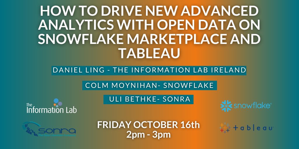 Use real data to find the best place to live &amp; work using <a href="/tableau/">Tableau</a> on <a href="/Snowflake/">Snowflake</a> with open data in minutes.

Join <a href="/DanielLing13/">Daniel Ling</a> <a href="/theinfolabie/">Information Lab Ireland</a>, Colm Moynihan <a href="/SnowflakeDB/">SnowflakeDB</a> &amp; <a href="/ubethke/">Uli Bethke</a> Sonra TOMORROW &amp; find out how.

PLEASE REGISTER: lnkd.in/eWnKhYD

#opendata #snowflake