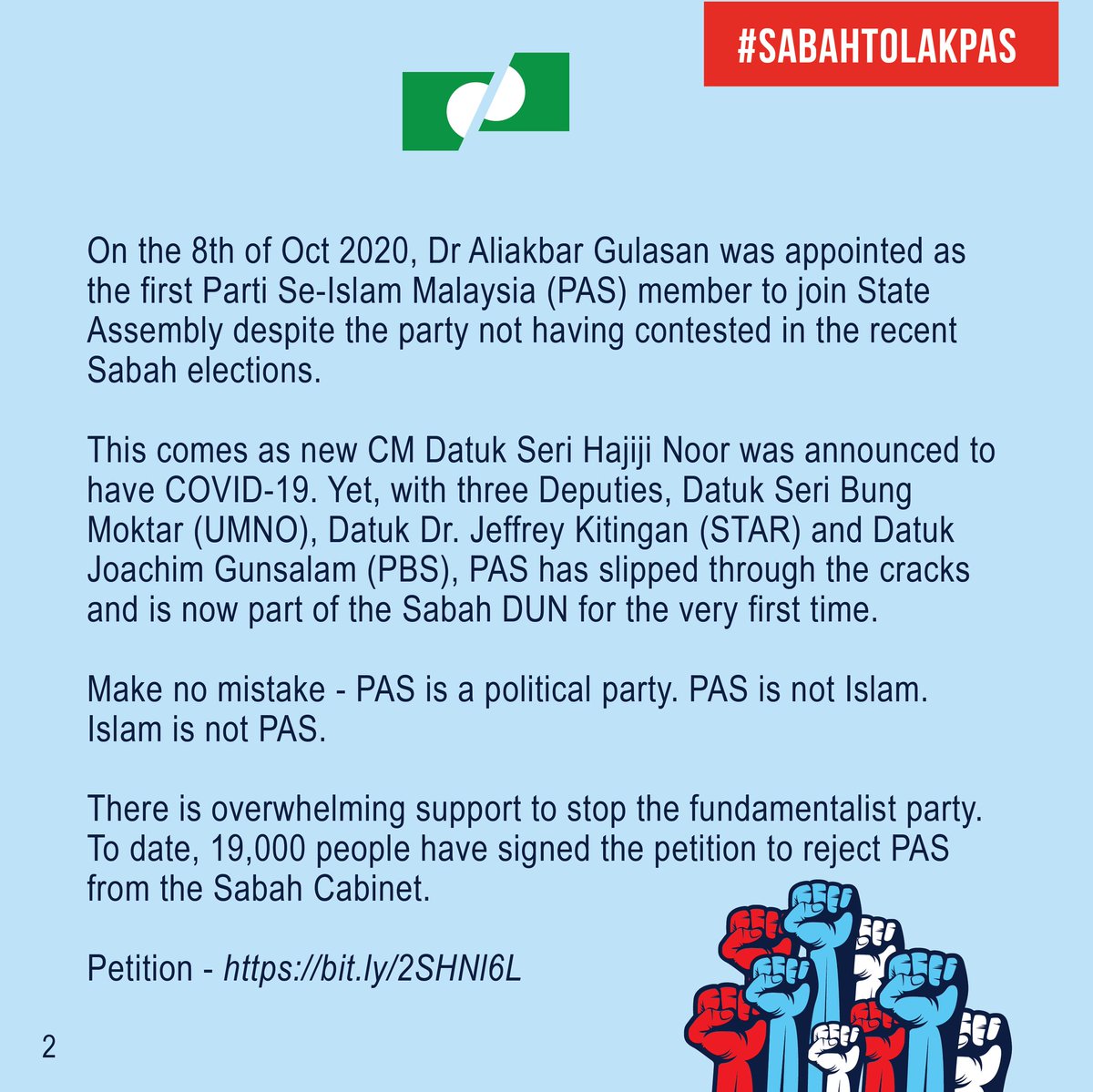 SabahTolakPAS's tweet photo. #SabahTolakPAS
The appointment of a PAS representative into the State Assembly goes against the express wishes of Sabahans, who have made it clear we reject the extremist narratives of PAS.
Let us defend the Sabah we know and love.
#NdaMauPAS
#AuoNohPAS
#MadaDoPAS https://t.co/pRF8k1AdXq