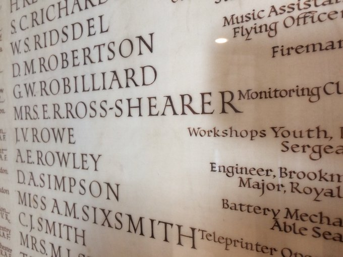 Effie Ross-Shearer's name on the 39-45 BBC Roll of Honour. Above her name is that of G.W. Robilliard, the BBC fireman killed while trying to drag the unexploded bomb to where it would cause less damage. Further down is Monitoring teleprinter operator Miss A.M. Sixsmith.  #OTD 4/4