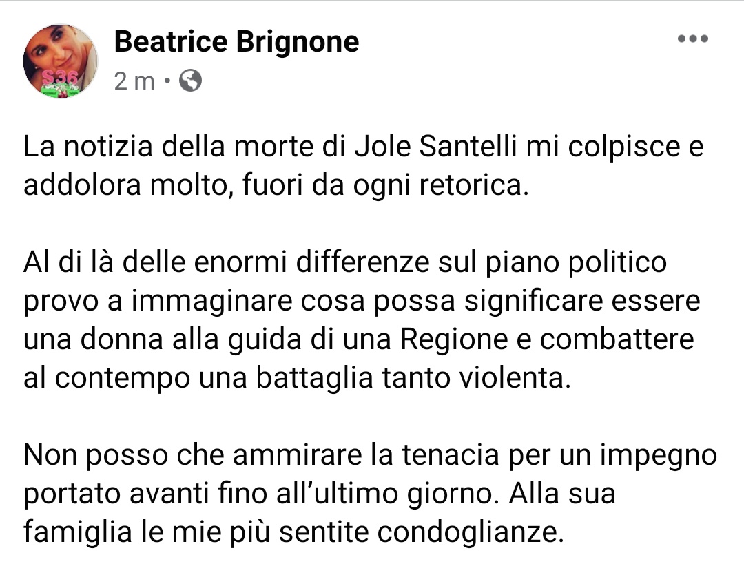 Beatrice Brignone Alla Famiglia Di Jole Santelli Le Mie Piu Sentite Condoglianze