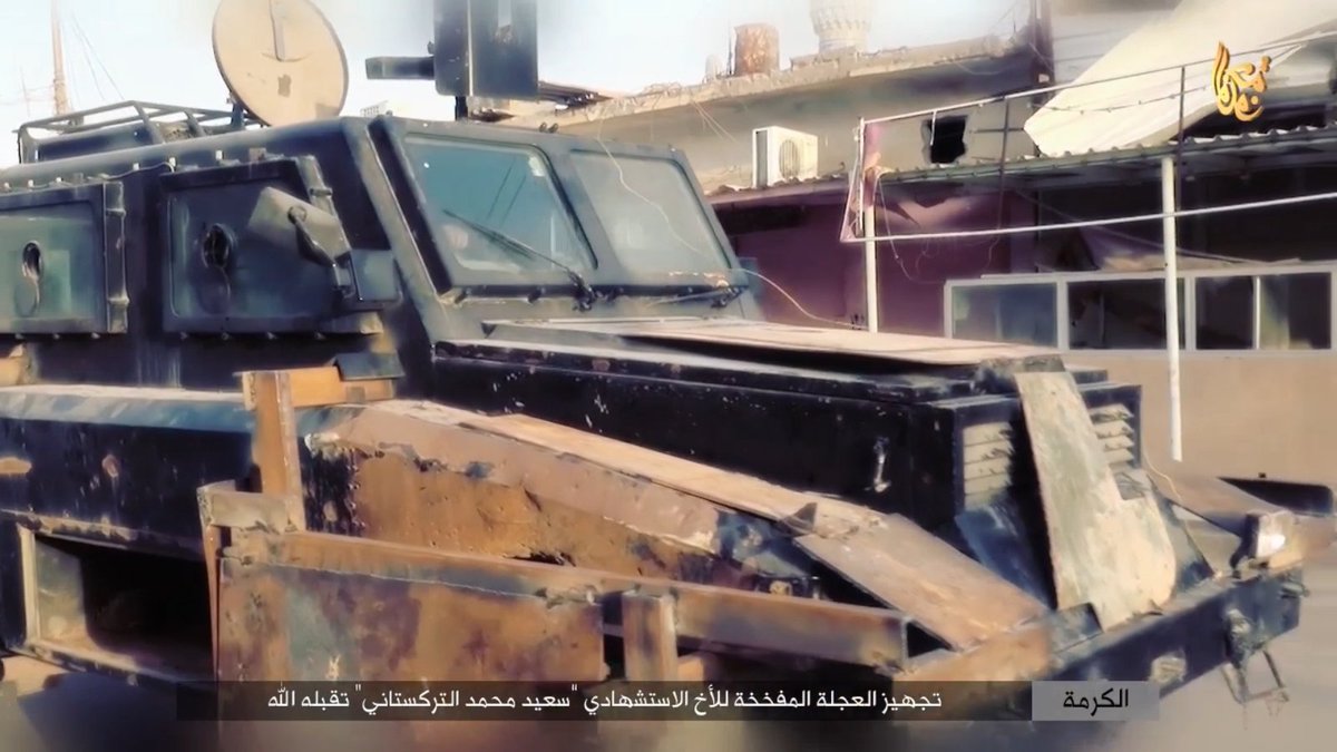 An IS up-armoured SVBIED based on a REVA South-African MRAP captured by the Iraqi Army - used against the Iraqis at Al-Subaihat village E. of Fallujah on May 12, 2015. Driver identified as 'Saad Muhammed al-Turkistani' - h/t @Weissenberg7 longwarjournal.org/archives/2015/…