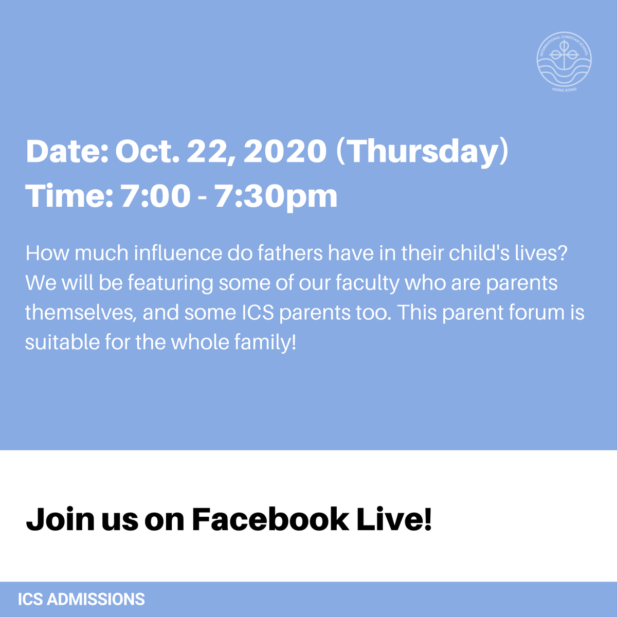 ICSHK's tweet photo. Our next parent forum is on October 22! Sign up on our website and catch us on FB live! π₯π²π―#icshk #instructionforlife #commitmenttochrist #servicetothecommunity #education #community #icscommunity #internationalschool #learning #hongkongschool #christianschool https://t.co/RCh45KgzRc