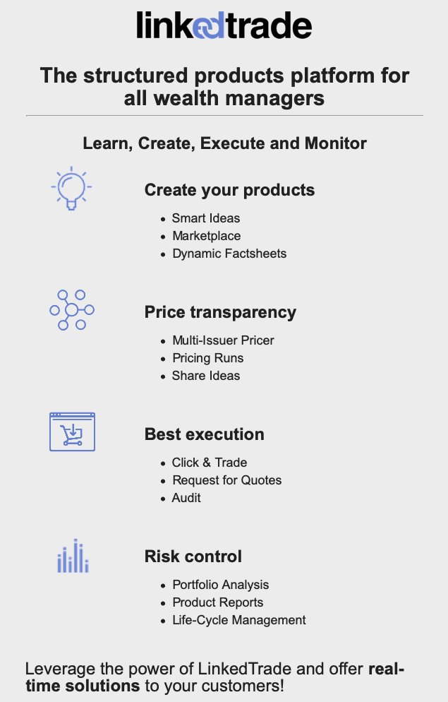 LinkedTrade's tweet image. A Structured Products platform designed by and for wealth managers - linkedtrade.eu