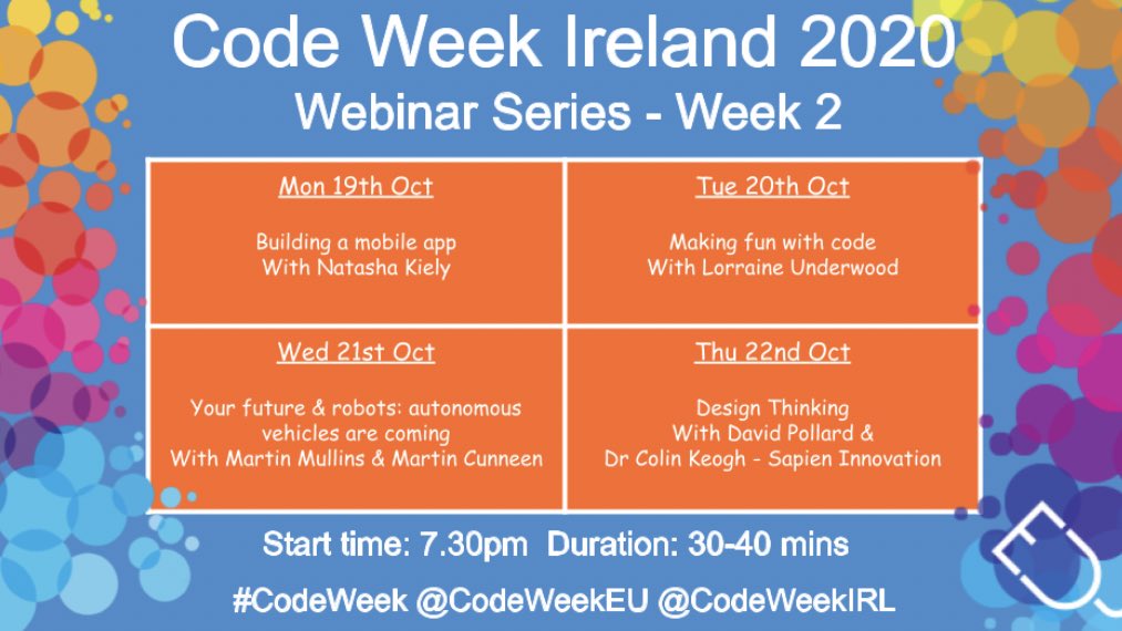 DavidPollardIRL's tweet image. 22nd Oct 7.30pm @sapieninnovate will run a #DesignThinking workshop for coders and non-coders during #CodeWeek!
Hi to all the countries Link in the description for all @CodeWeekEU events in the series including @GabrielMariya @ThierryBreton @CodeWeekIRL #CodeWeekEU @ColinJ_Keogh
