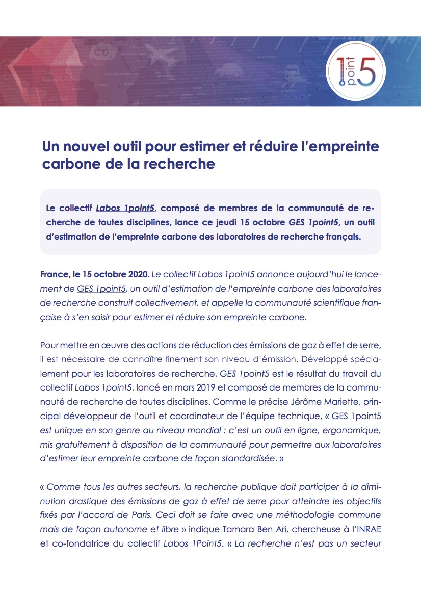 labos1point5's tweet image. L&apos;outil libre et gratuit GES1 point5, permettant d&apos;évaluer l&apos;empreinte carbone des laboratoires de recherche, est disponible dès aujourd&apos;hui : labos1point5.org/ges-1point5
Voir notre communiqué ci-dessous⬇️