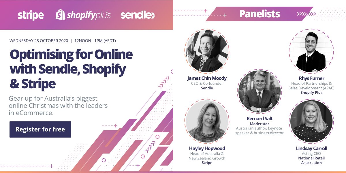 Hey Sendlers! Get prepared for Australia’s biggest online Christmas shopping frenzy. Don’t miss @Sendle's 2020 Xmas eCommerce webinar with our partners @ShopifyPlus and @Stripe, and hosted by <a href="/BernardSalt/">Bernard Salt AM</a>.  

Register here:  register.gotowebinar.com/register/22663…