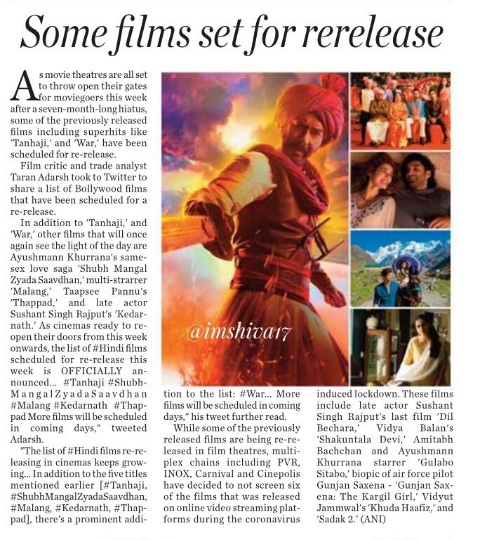 As movie theatres gear up to reopen, more reruns join the list 

Movies are set to re-release
in the cinemas...

#Kedarnath 
#Thappad 
#War 
#Malang #TanhajiTheUnsungWarrior #ShubhMangalZyadaSaavdhan