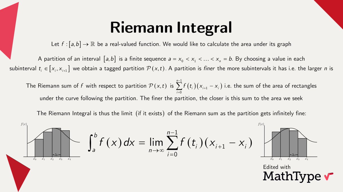 MathType's tweet image. Astonishing feats mark Riemann&apos;s career: he gave #NumberTheory the Zeta function and the Riemann Hypothesis, laid the foundations of general relativity with #DifferentialGeometry and gave #Calculus the first rigorous formulation of the integral, the Riemann Integral. #MathType