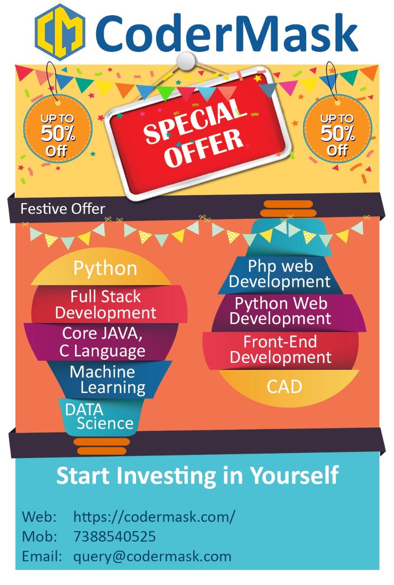 CoderMask's tweet image. @codermask Festival Season Offer | Learn and Earn | Get all courses on upto 50% discount | Ace your career by learning the most demanding skills in the market | Land into your dream job

Visit Website: codermask.com
Call/Whatsapp: 7388540525

#Python #Online #Data
