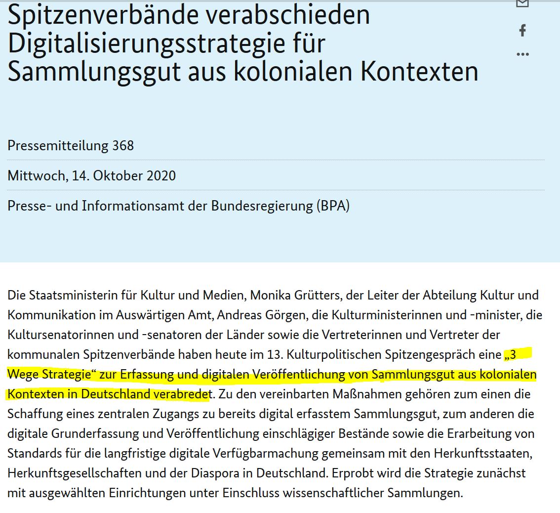 JuergenZimmerer's tweet photo. Neue "3Wege Strategie zur Erfassung kolonialen Raubguts"
👉Es reicht aber nicht, Bestände zu erfassen, man muss sich zur #Restitution bekennen.
👉Wir brauchen ein #Restitutionsgesetz
@coloniallegacy https://t.co/YWtQMTzSmo