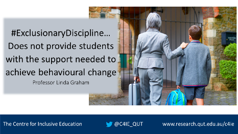 C4IE_QUT's tweet image. #ExclusionaryDiscipline Actively contributes to and/or hastens disengagement with the education system. @drlindagraham #DisabilityRC #C4IE