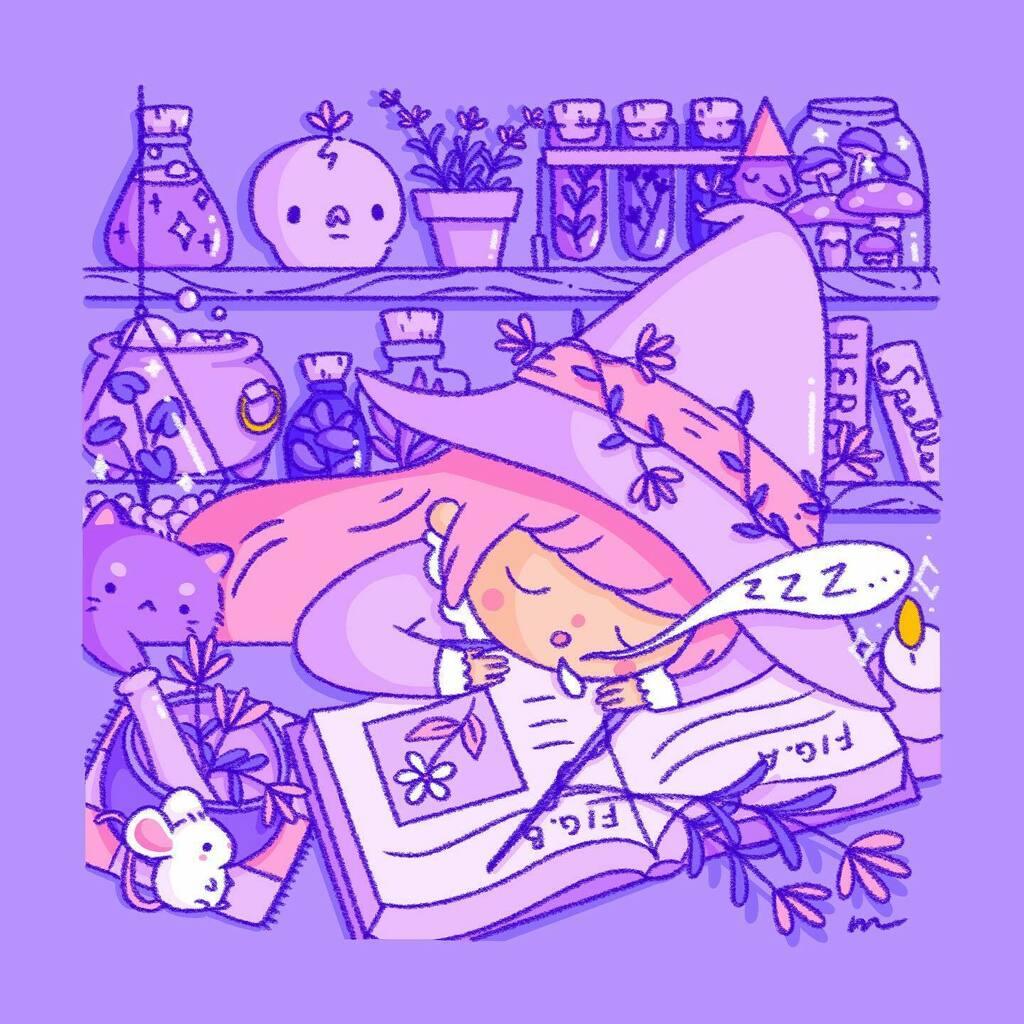 hellomochichito's tweet photo. Lavender asleep again in her study😴. Lavender pins available in my shop!💜 #witchlove #witchart #witchyvibes #cutewitch #halloweenartwork #kawaiiartist #lavenderlove https://t.co/Cf8y6OW6rA https://t.co/vJSgfIT7Kb