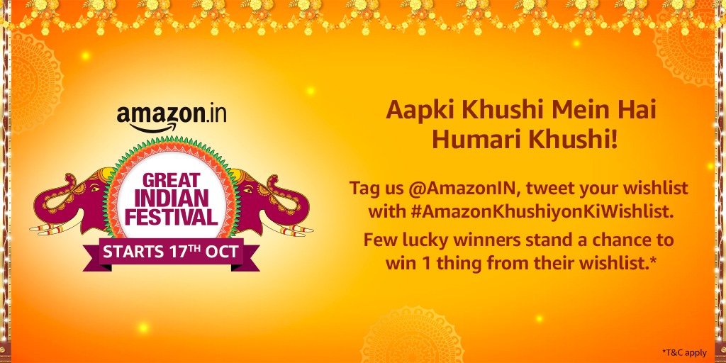 amazonIN's tweet photo. Ready for some great news? #NowHappinessHasNoBounds A few lucky winners stand a chance to win one thing from their wishlist. Comment below with your wishlist, tag 
@amazonIN with #AmazonKhushiyonKiWishlist &amp; make your wishlist turn into a reality!
T&amp;C: https://t.co/14RYVt9xAD https://t.co/I1RVvzf2wr