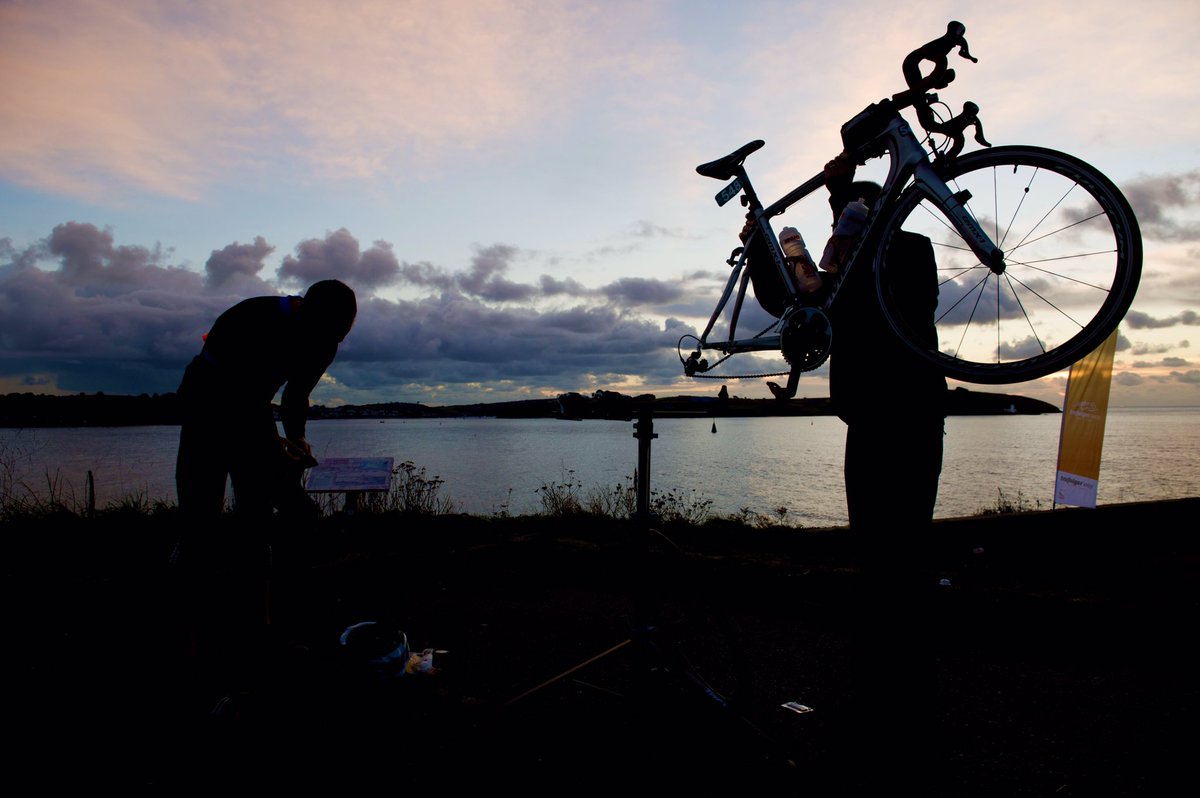 TrafalgarWay's tweet photo. #throwbackthursday to #TheWay2016 #RTTWno2 when there was a beautiful sunrise at Pendennis Point, as final preparations, checks and bike maintenance all took place. As riders left #Cornwall the sun gave way to a very cold and wet 24 hours.
#roadcycling #longdistancecycling https://t.co/To4oBw2Vv1