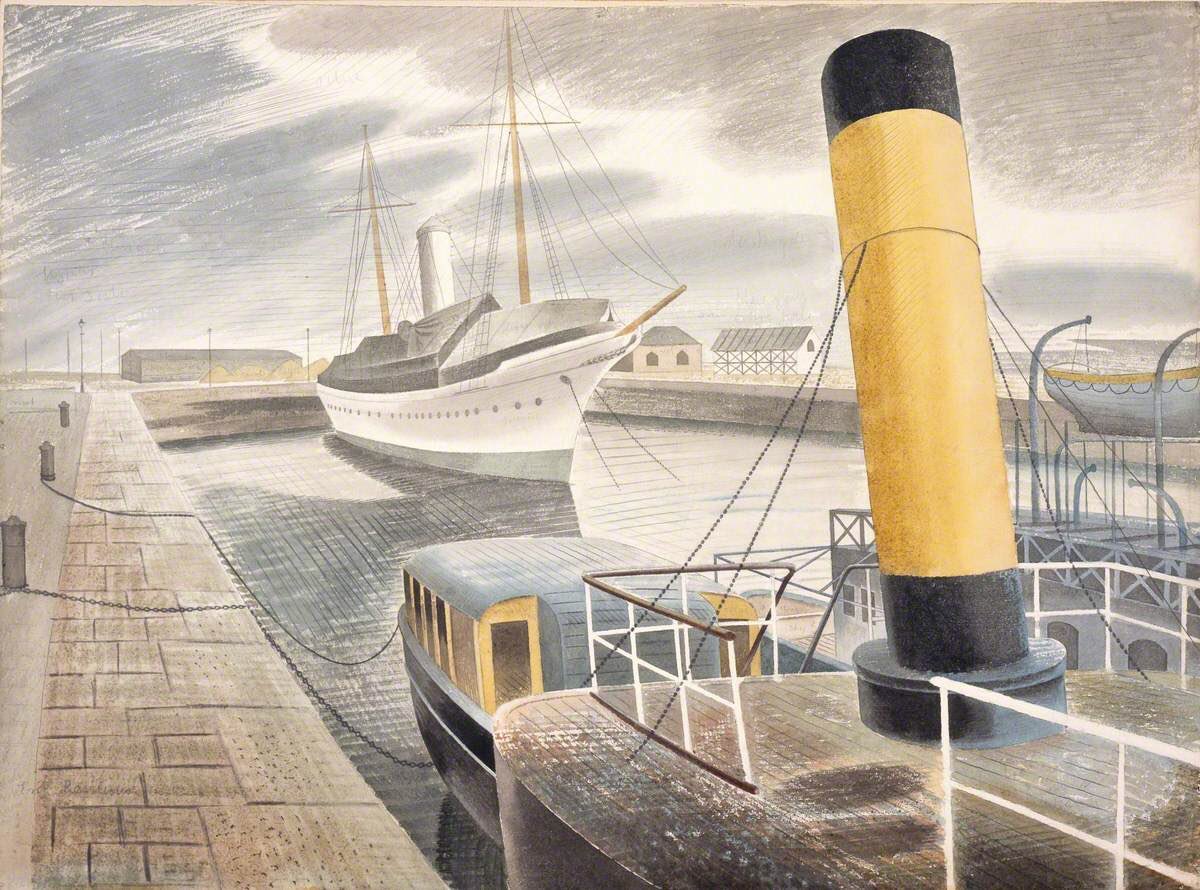 Yellow Funnel, Eric Ravilious, 1938.  It depicts Le Havre harbour just before #WW2. The original artwork is in the collection of <a href="/GrundyBlackpool/">Grundy Art Gallery</a>.