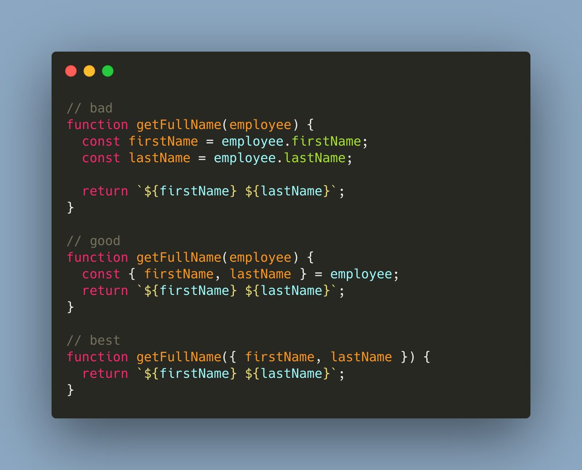 #javascript  best practices tips:

Use object destructuring when accessing and using multiple properties of an object as it prevents you from creating temporary references for those properties of the object.

#100DaysOfCode #Nodejs #Coding #DEVCommunity