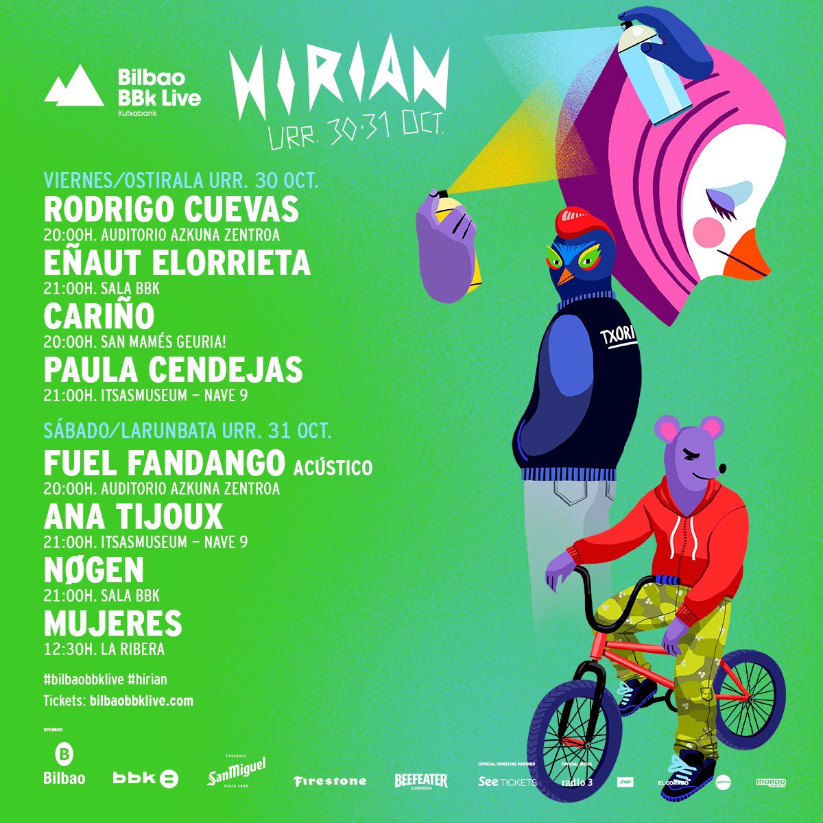 ¡Vuelve #Hirian! El espíritu del Bilbao BBK Live llega esta vez a Bilbao en otoño, tendremos dos días y 8 conciertos en diferentes salas de la ciudad. Los días 30 y 31 de octubre tienes una cita con la música en directo.
Tickets 👉 seetickets.es/tour/hirian-20…