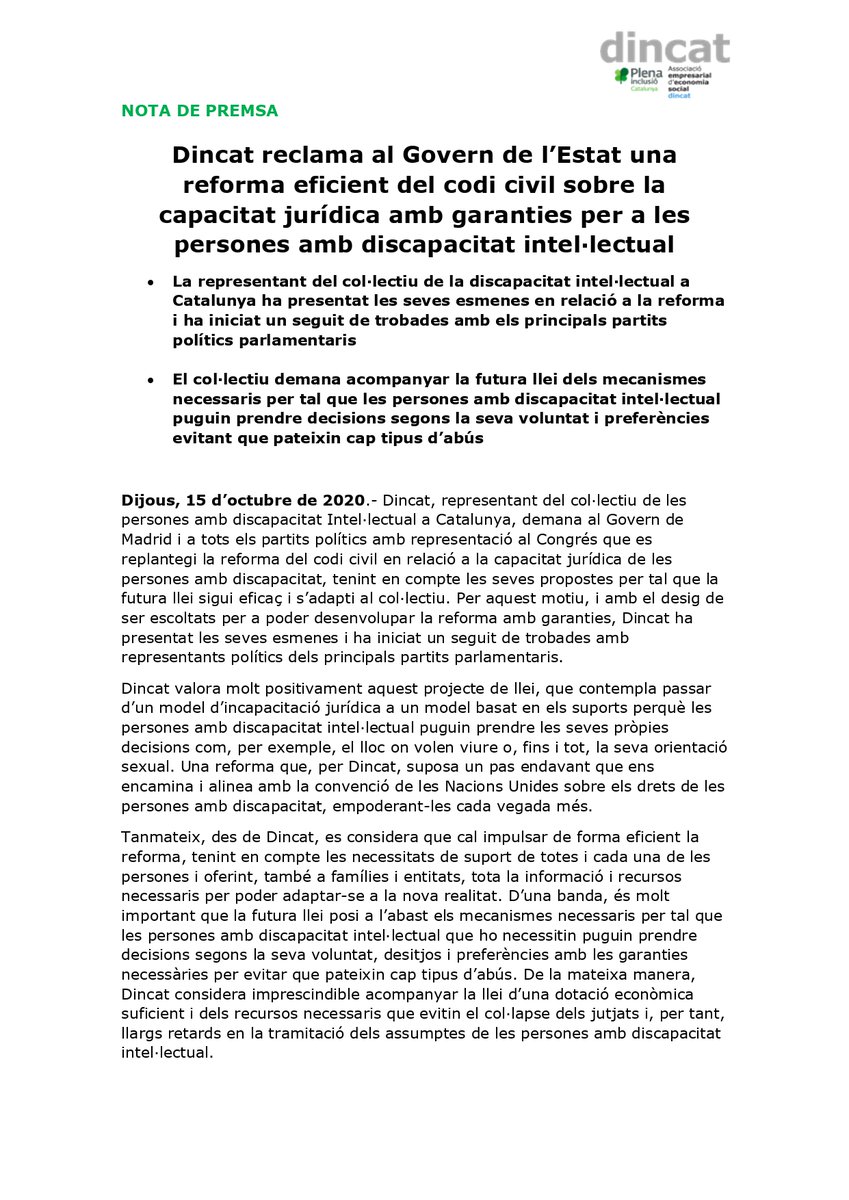 _dincat's tweet photo. 📢Reclamem a l'Estat una reforma eficient del codi civil sobre la capacitat jurídica amb garanties per a les persones amb discapacitat intel·lectual i, per això, hem presentat les nostres esmenes i iniciat un seguit de trobades amb els principals partits polítics parlamentaris. https://t.co/HNcL3Qicgm