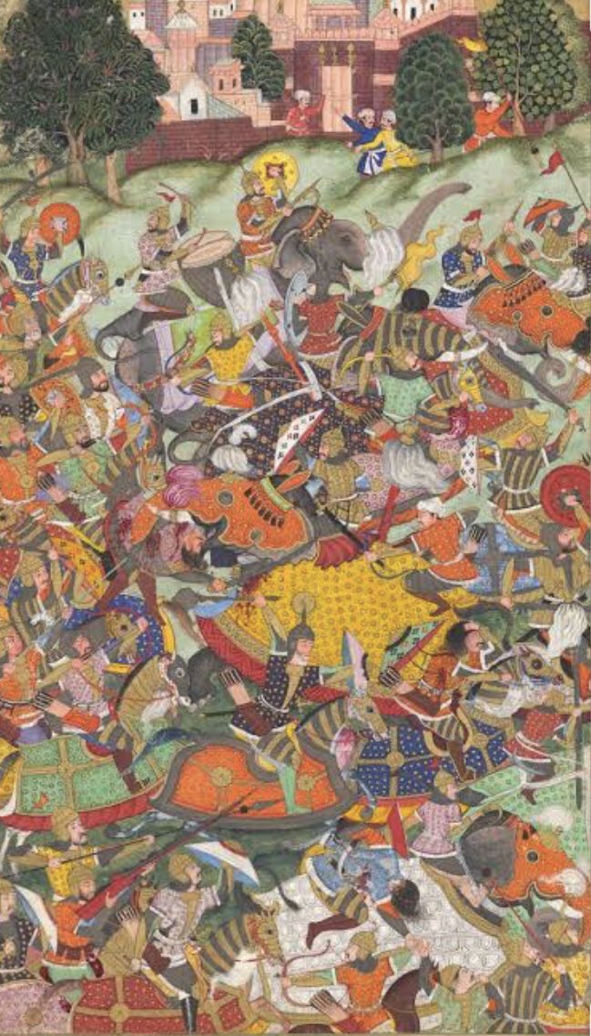 The second battle of Panipat commenced on 5th November 1556.Despite strenuous efforts, the Mughals struggled to hold their ground and were facing defeat until a stray arrow struck Hemu, the Afghan commanders eye.The wound proved fatal, and historically fateful. #BattleOfPanipat