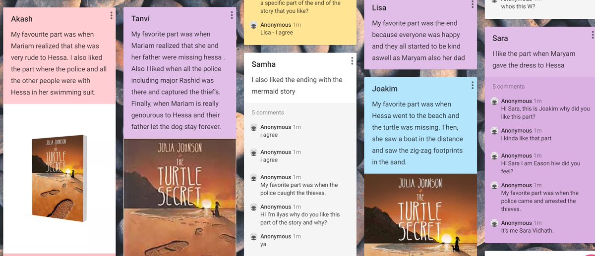 WPS_Year4's tweet photo. Our amazing Year 4 remote learners joining a virtual discussion in the classroom using @padlet about their favourite parts of our wonderful class reader, βThe Turtle Secretβ by @JuliaMJohnson1 (spoilers alert!)
#WPSEnglish #WPSTeam #WPSRemotelearning https://t.co/E6DidPuUXX