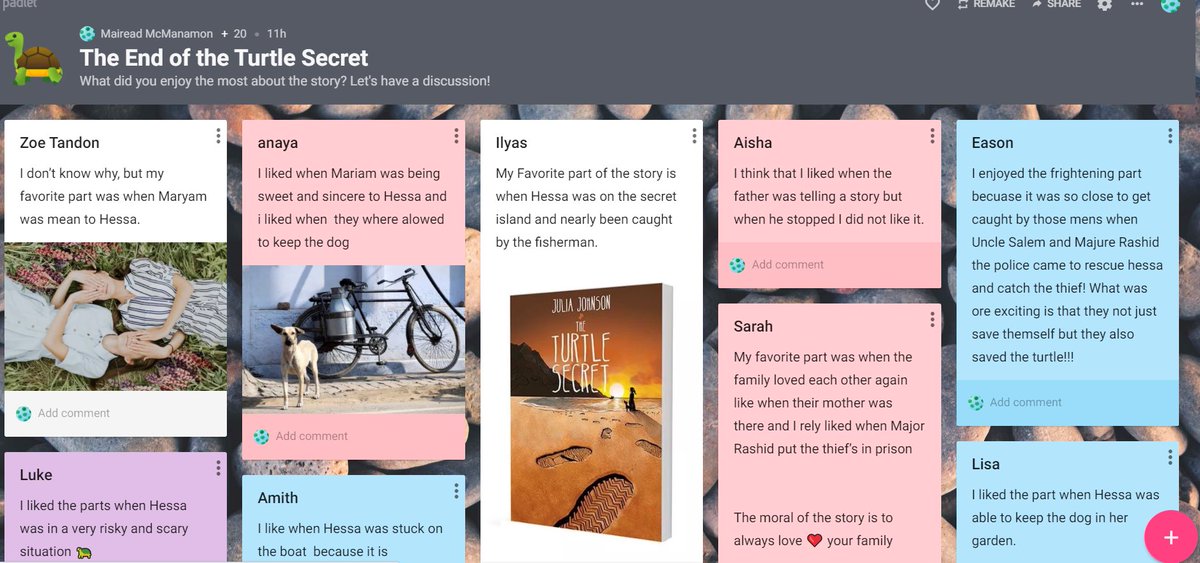 WPS_Year4's tweet photo. Our amazing Year 4 remote learners joining a virtual discussion in the classroom using @padlet about their favourite parts of our wonderful class reader, βThe Turtle Secretβ by @JuliaMJohnson1 (spoilers alert!)
#WPSEnglish #WPSTeam #WPSRemotelearning https://t.co/E6DidPuUXX