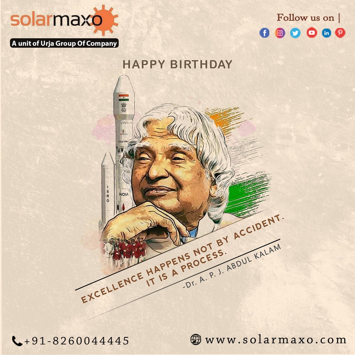 solarmaxo's tweet photo. Solarmaxo pays tribute 🙏 to Bharat Ratna Dr. APJ Abdul Kalam on his Birth anniversary. A visionary leader and architect of 🇮🇳India's space &amp; missile programs, who always wanted to build a strong and self-reliant India 🚀. His life journey gives strength to millions. 

#solarmaxo https://t.co/4AsVGeWCLU