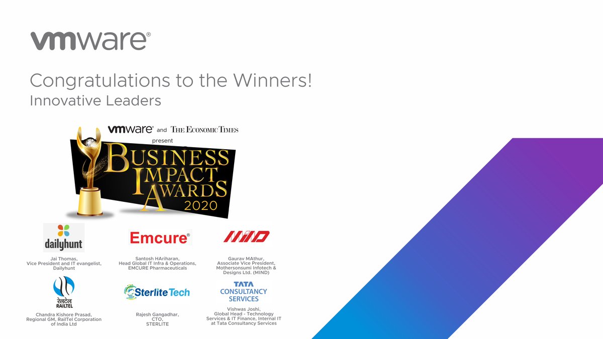 VMwareIN's tweet photo. Congratulations to all the distinguished individuals on winning the 2020 Business Impact Award in the ‘Innovative Leaders’ category for their outstanding contribution to the industry! #LeadForwardIN @EconomicTimes #VMwareIndia https://t.co/ZzyDr5Cr2y