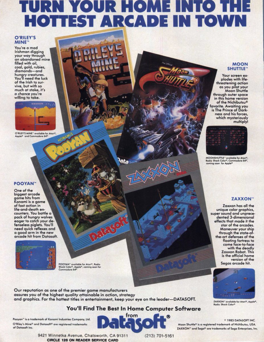 TakodanTweets's tweet image. 1984 ad from #Datasoft with a few of their games like &apos;Pooyan&apos; and &apos;Zaxxons&apos; (both #arcade games) #Atari #Apple #Commodore #C64