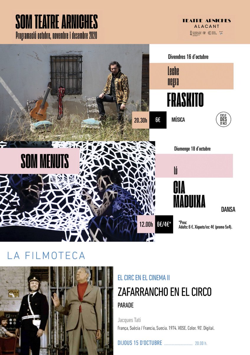 ✨ Programació setmanal ✨
◽ Dijous👉 La Filmoteca - Zafarrancho en el circo
◽ Divendres 👉 Fraskito presenta Leche Negra
◽ Diumenge 👉 CIA Maduixa presenta LÚ
#tornemaprogAMAR #somarniches #culturasegura
